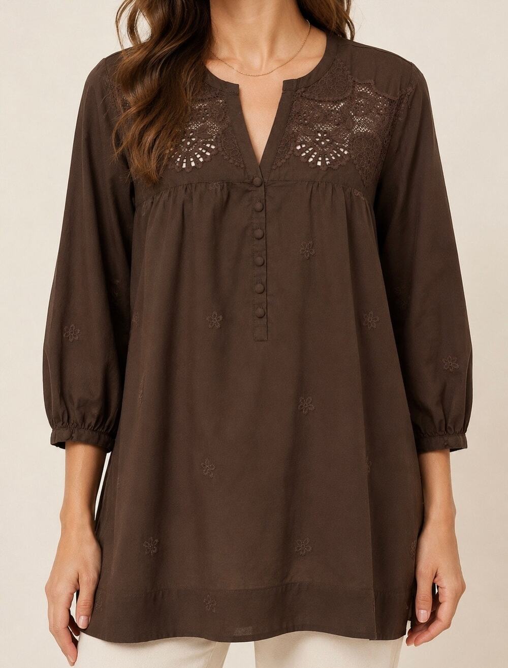 Kenar Brown 100% Cotton Lace Embroidered Boho Tunic Top Women’s Size XL